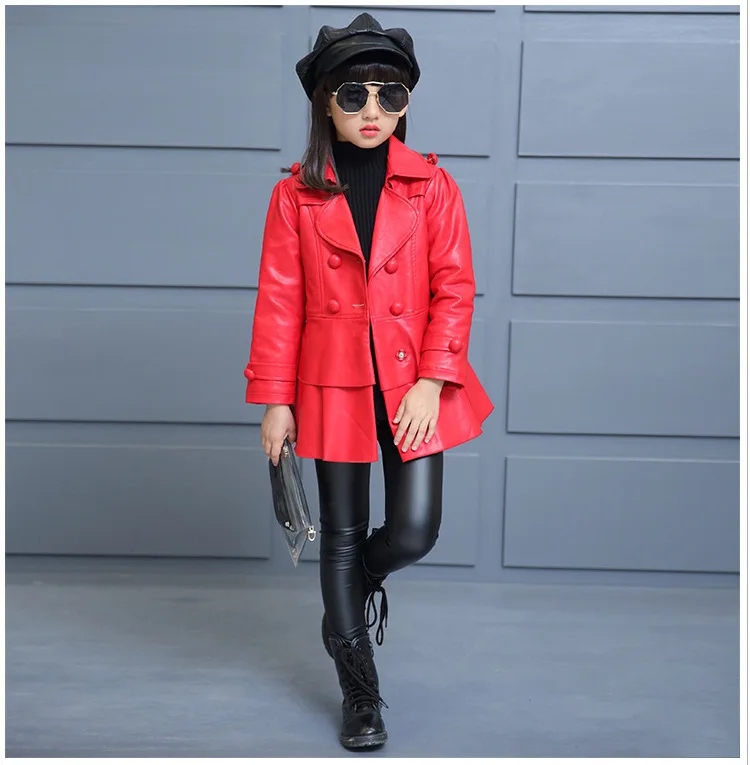 Новинка года, модная весенне-Осенняя детская куртка ветрозащитная куртка из искусственной кожи модное пальто для девочек от 5 до 12 лет, повседневный Тренч - Цвет: Red
