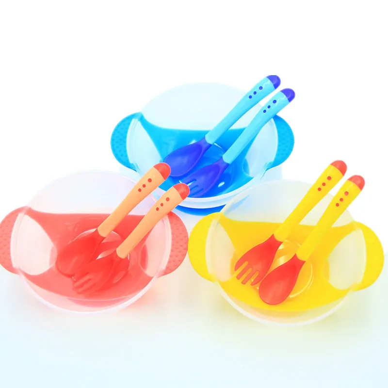 3Pcs/Set Baby Spoon+Fork+Bowl Baby Learning Dishes With Suction Cup Assist Food Bowl Temperature