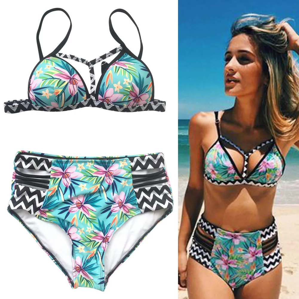 

Women Split Swimwear Set Floral Printed Bikini High Waist Briefs Swimsuits for Summer FI-19ING