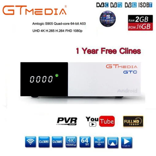

GT MEDIA GTC DVB-S2 DVB-C DVB-T2 ISDB-T Android 6.0 TV BOX S905D 2/16GB BT4.0 Satelliet ontvanger +1year Europe 5 cccam Cline