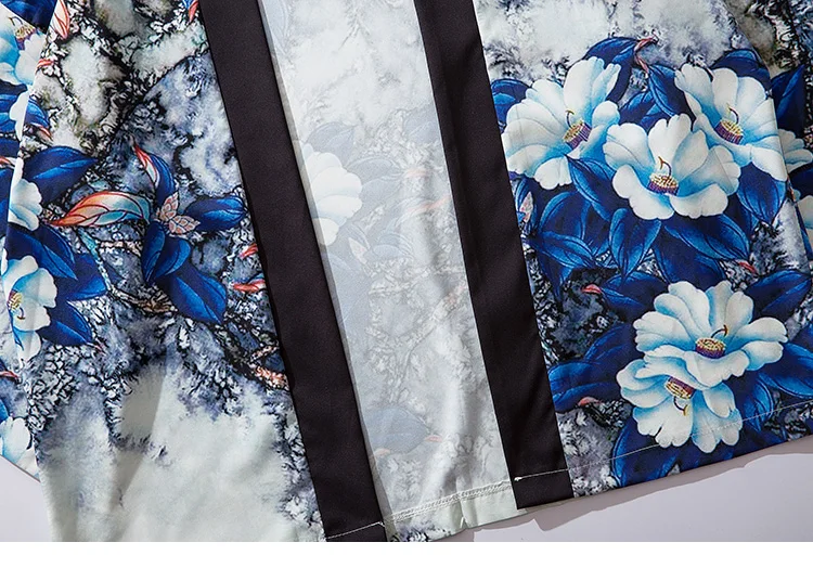 Харадзюку цветочное кимоно куртка японский хип-хоп Мужская уличная куртка синие листья цветочный принт летнее тонкое платье японский стиль