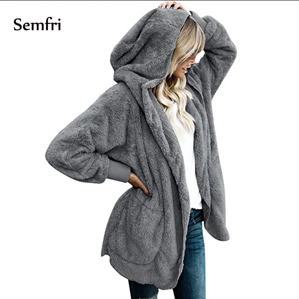 Semfri Women Coat Winter Autumn Jacket Fluffy Hooded Open