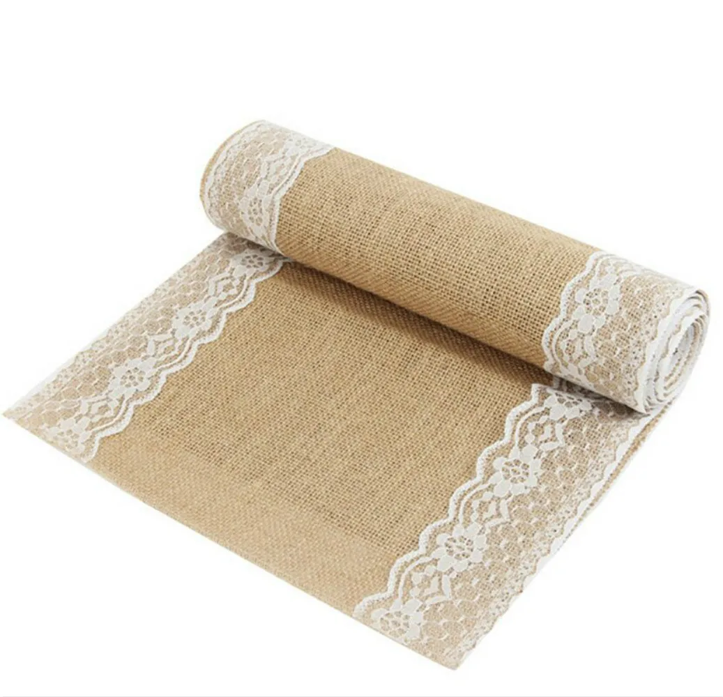 

275x30cm Vintage Burlap Lace Table Runner Natural Jute Country Party Banquet Wedding Party Decoration Supply Home Textile