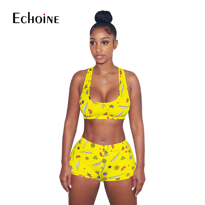 

2019 New Lip Leaf Print Women Tracksuit Cropped Tank Top and Shorts Sporting Two Piece Set Gym Fitness Outfits Sexy Club Suits