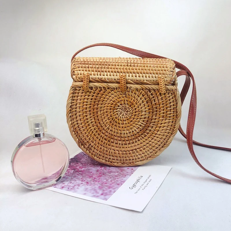 AUAU-сумка через плечо из ротанга, ручная работа, круглая соломенная тканая Бохо пляжная дорожная сумка и повседневное использование для женщин, кожа