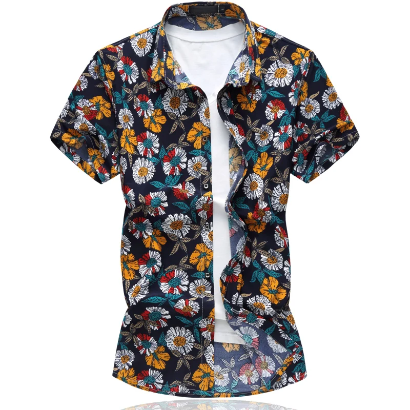 Летние мужские модные повседневные рубашки с короткими рукавами и принтом Мужская шелковая и Хлопковая мужская деловая рубашка с цветочным принтом Большие размеры M-6XL