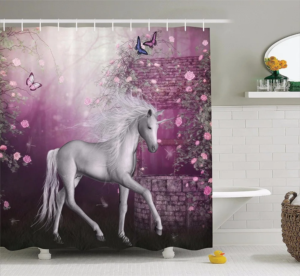 

High Quality Arts Shower Curtains Unicorn in Rose Garden Butterflies Bathroom Decorative Modern Waterproof Moldproof Curtains