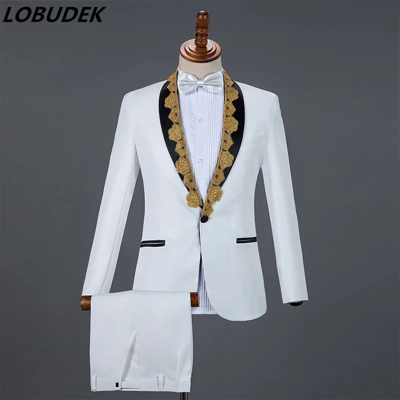 4 Colors Beads Sequins Men's Suits White Blazers Pants Sets Wedding