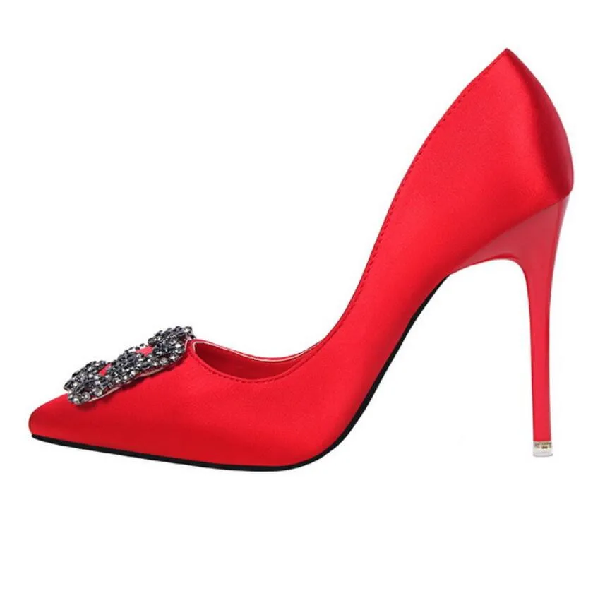 CHAISHOU Women 10cm Thin High Heels Fashion Pumps Pointed Green Rhinestone Silk Footwear Scarpins Shoes F-171
