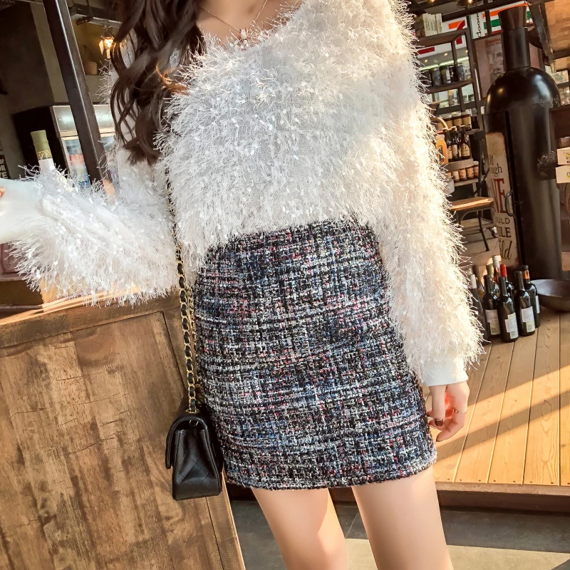

Winter Tweed Skirts Women Mini Pencil Skirts Plaid Wool Skirts Korean Bodycon High Waist Elegant Tweed Skirt Lady Vintage