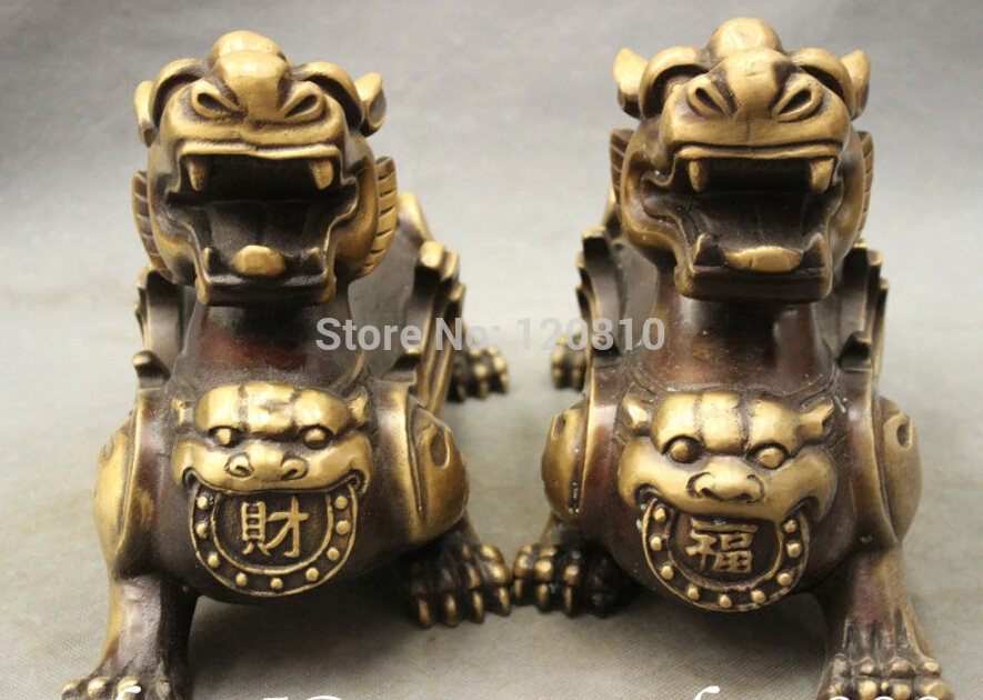

zhaomerui16++11" Chinese Bronze BiXie Dragon Unicorn Sculpture RuYi PiXiu Lion Statue Pair