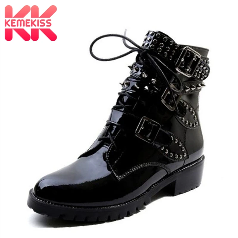

KemeKiss Size 34-43 Women Real Leather Ankle Boot Round Toe Rivet Lace Up Buckle Short Boots Winter Trend Shoes Women Footwear