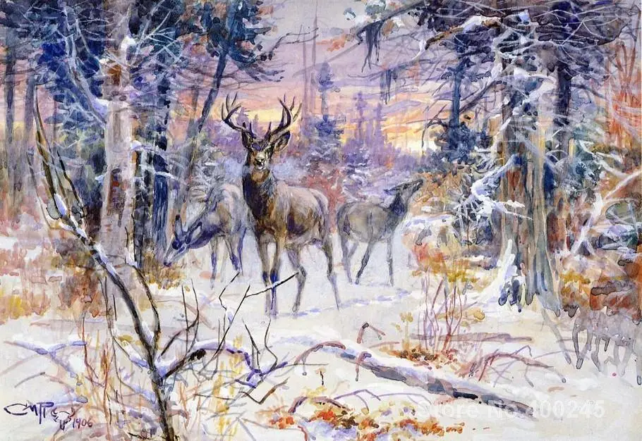 

Deer in a Snowy Forest Charles Marion Russell painting for living room decoration High quality