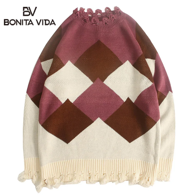 

Bonita Vida Mens Pullover Winter Sweaters 2019 Hole Pattern Casual Streetwear Hip Hop Cotton Loose Sweaters