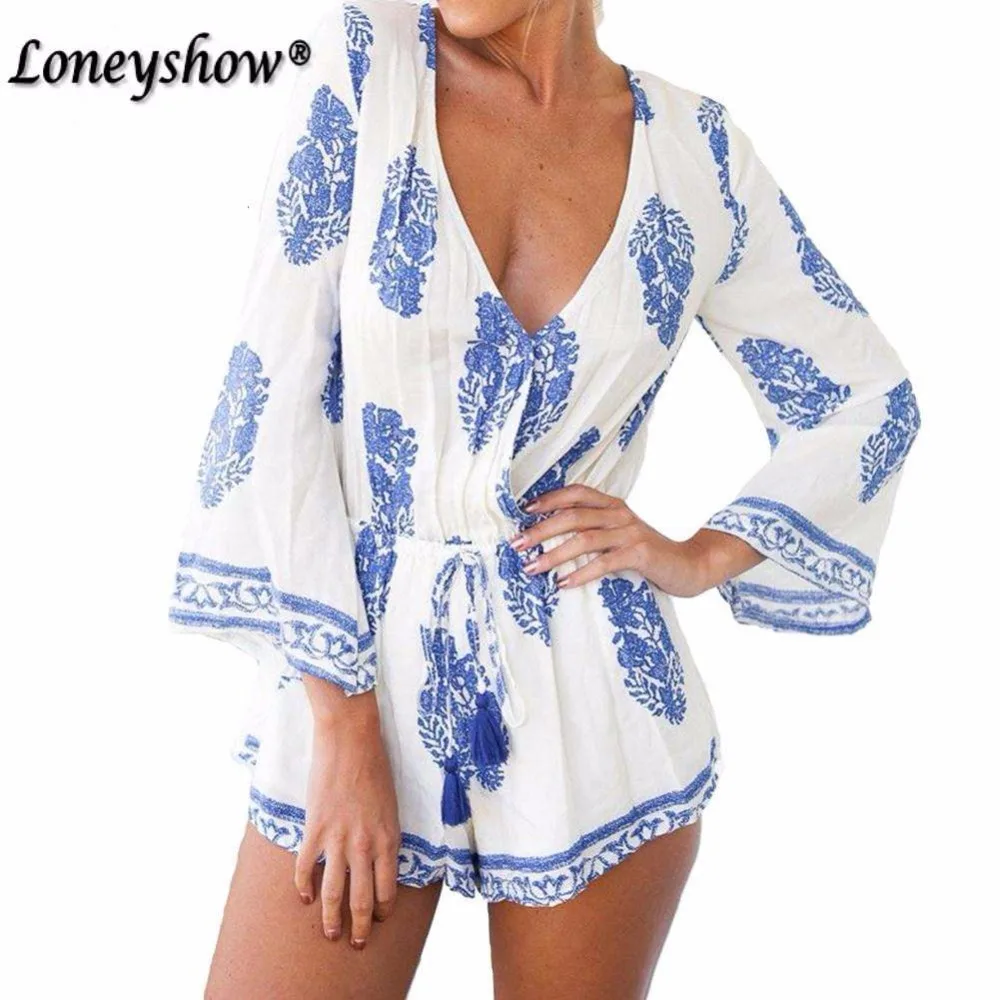 

Women Elegant Summer Bohemian Floral Jumpsuits Rompers Sexy Beach Girls Short Overalls Boho White Floral Print Playsuits