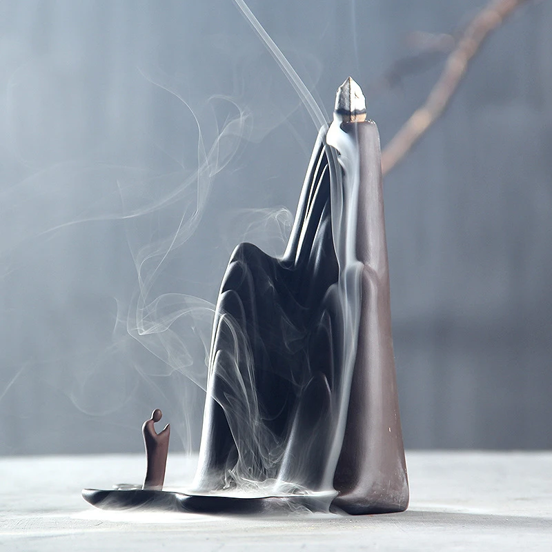 

Ceramic Backflow Incense Burner Buddha Statue Creative Mountain Water Aromatherapy Ornaments Home Crafts + 10Pcs Incense Cones
