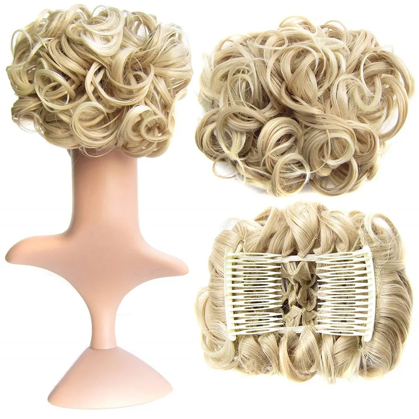 

Gres Heat Resistant Fiber Chignon Tail with Comb Fixed Curly Women Brown Bun Clip-in Puff Femme Hair Piece for Brides