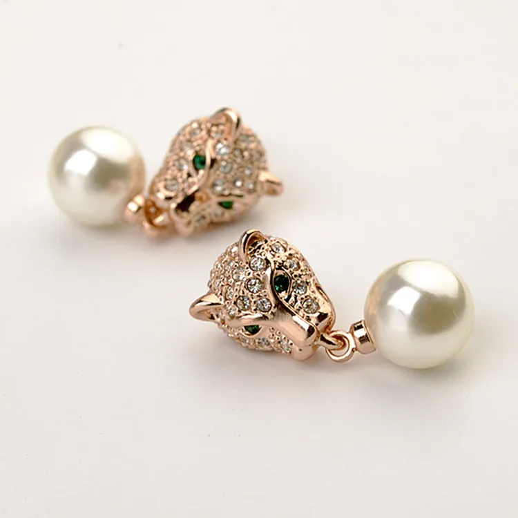 

Fashion Jewelry Brand Fully-Jewelled Leopard Pearl Earring for women bijoux,rose gold/silver crystal pearl panther earrings