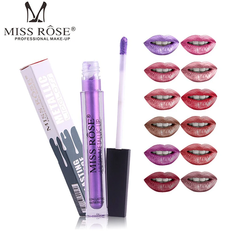 

MISS ROSE 12 color metallic lip gloss slender tube liquid matte matte easy to stick cup waterproof sexy lustrous lip gloss