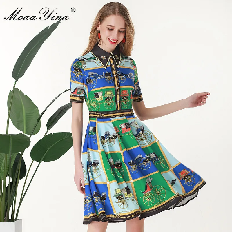 

MoaaYina Fashion Designer Runway dress Summer Women Dress Short sleeve Turn-down Collar Beading Print Elegant Slim Dresses