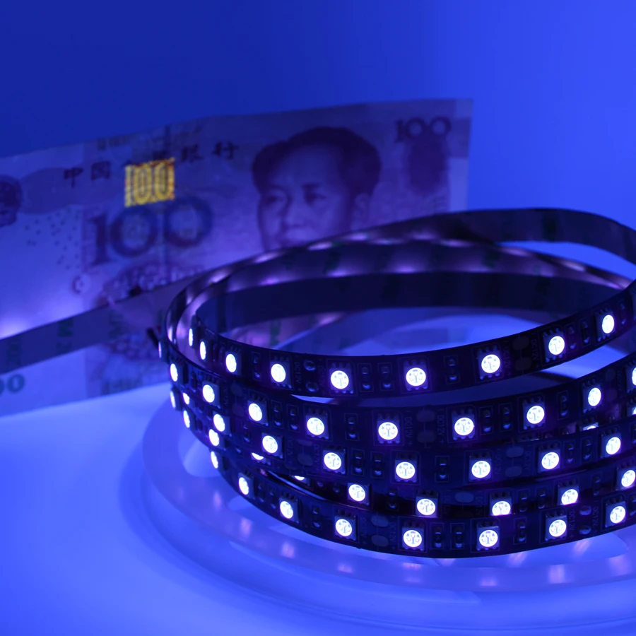 5m UV Led Strip light 5050 60leds/m 395-405nm Ultraviolet Ray waterproof LED Diode Ribbon Purple Flexible lamp+ power adapter