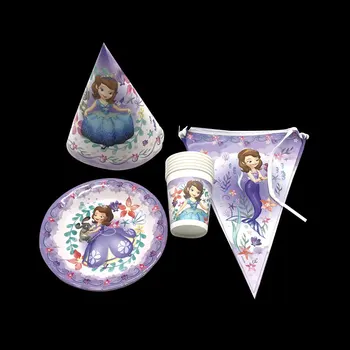 

48PCS Disney Princess Sofia Theme Birthday Party Decor Paper Plate Cup Banner/Flag Hats Tableware Set Baby Shower Party Supplies