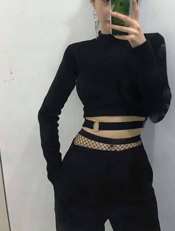 Black Gothic Tops Women Long Sleeve T-shirt Korean Sexy Creative  Navy-baring Tops With Ring High Waist Slim Chic Short T-shirt 5