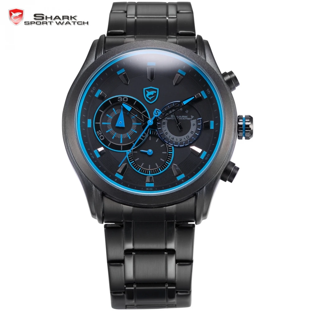 

Cow Series Shark Sport Watch Black Blue Dial Stainless Steel Strap 6 Hands Display Relogio Quartz Men Fashion Wristwatch / SH292