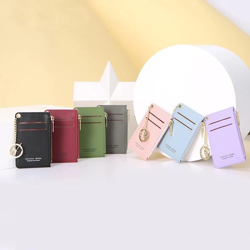 Unishow Women Card Holder Pu Leather Key Chain Wallet Small Card Wallets Female Mini Credit Card Holders Zipper Coin Purse Bag