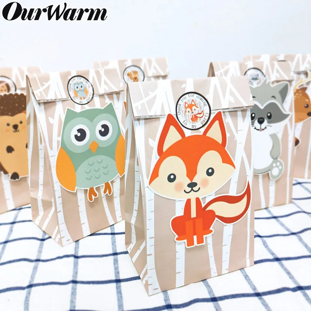 OurWarm 12 قطعة حفلة عيد ميلاد زينة الاطفال سفاري ورقة حقائب للهدايا أكياس الحلوى مربع استحمام الطفل التعبئة حقيبة الغابة موضوع حزب