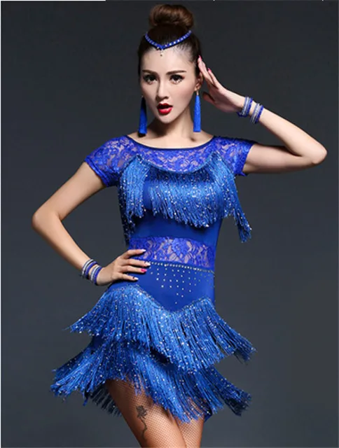 Latin Dance Dresses Women/Girls Sexy Sequin Fringe Skirt Ballroom/Tango/Salsa/Rumba/Latin Dresses Clothes For Sale Blue Short Sleeve