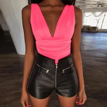 Summer Neon Fluorescent Green Skinny Bodysuits Sexy Club Bodycon Rompers Backless V-neck Body Women Party Overalls