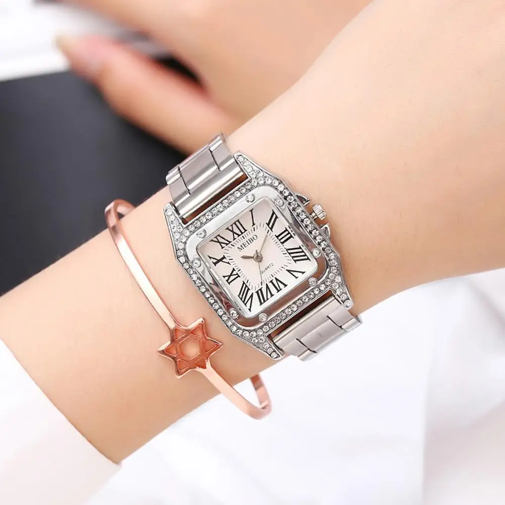 Новинка 2019, роскошные женские кварцевые часы с квадратным бриллиантом, женские часы с браслетом, женские часы из серебристой стали, женские