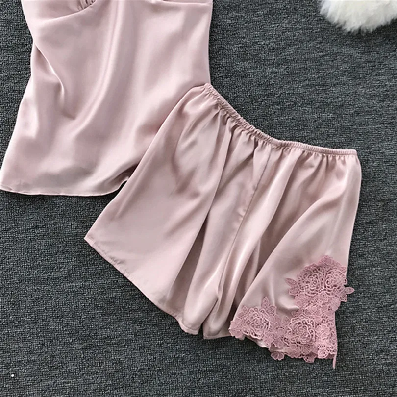 2019 Summer Women Sexy Satin Sling Sleepwear Lingerie Lace Nightdress Underwear Set Wholesale Dropshipping #E09 (17)