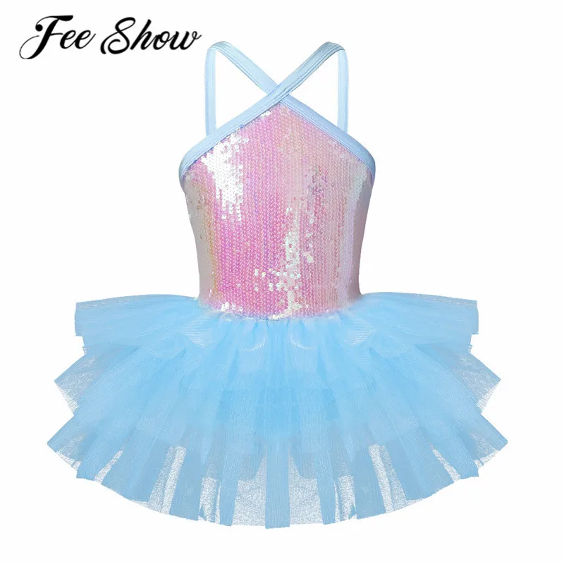 

FEESHOW Cute Kids Sleeveless Halter Sequins Mesh Girls Ballet Leotards Dance Wear Gymnastics Leotard Stage Ballerina Tutu Dress