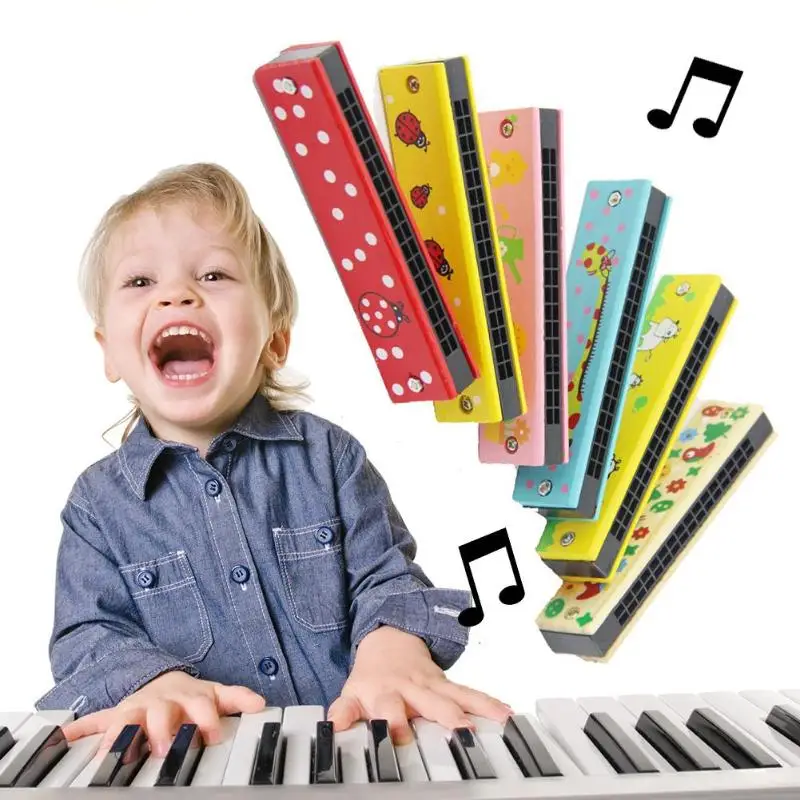 

Musical Toys 16 Holes Harmonica Wooden Harp Cartoon Woodwind Kids Music Instrument Montessori Educational Children Baby Toys