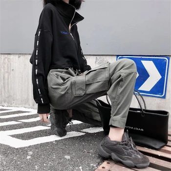 

Women's hip-hop beaming overalls street fashion fashion loose wild multi-pocket pants army green cotton Ankle length pants