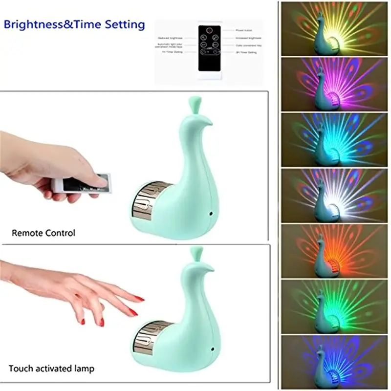

Colorful Night Light With Remote Control Peacock Projection Lamp Touch Activated Wall Light USB charger