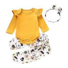 Новое поступление года; комбинезон с длинными рукавами для новорожденных девочек; Топы+ штаны с цветочным принтом+ набор повязок; Z0128