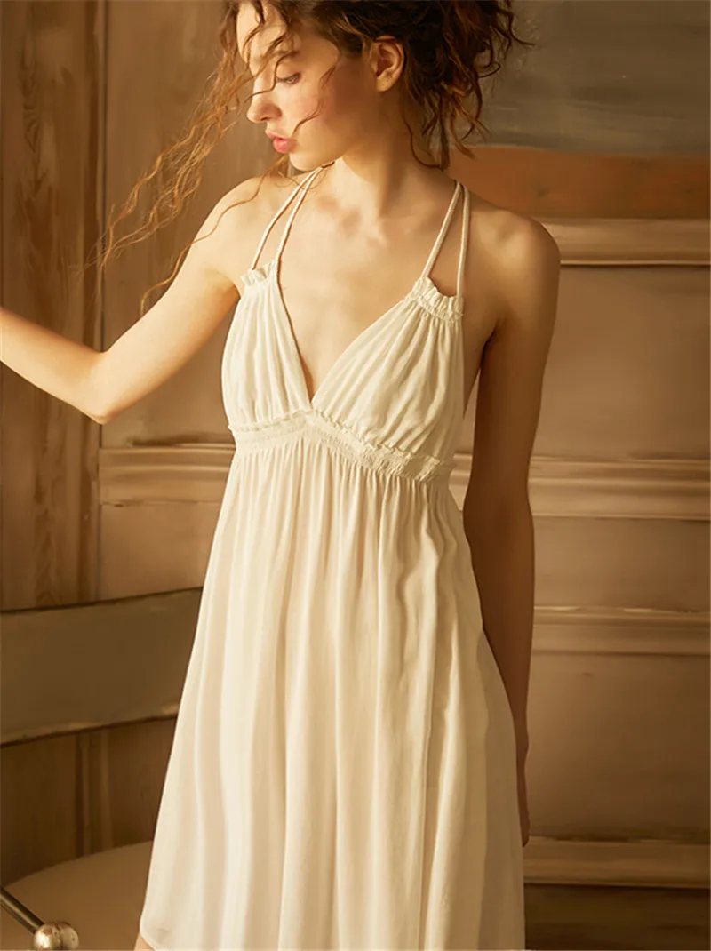Сексуальное ночное белье на бретельках, Женская домашняя одежда с высокой талией, ночное платье с открытой спиной, белая хлопковая ночная рубашка, нижнее белье T496
