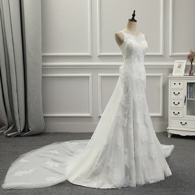 

New Arrival Hand made Mermaid Organza Tulle with Appliques Back Lace Up Remove Bursh Train Vestido de Noiva Vintage Bridal Dress
