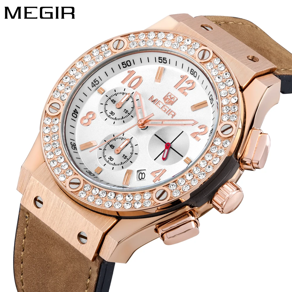 Megir Luxury Brand Design Ladies Watch Women Gold leather silicone Bracelet rhinestone Crystal Diamond Quartz Watch Clock Women