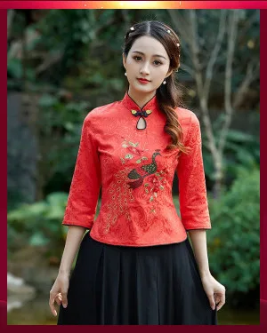 SHENG COCO S-4XL плюс размер черные цветы кофточка Ципао Атлас Традиционный китайский стиль Cheongsam рубашки сливовый печати Qipao Топ