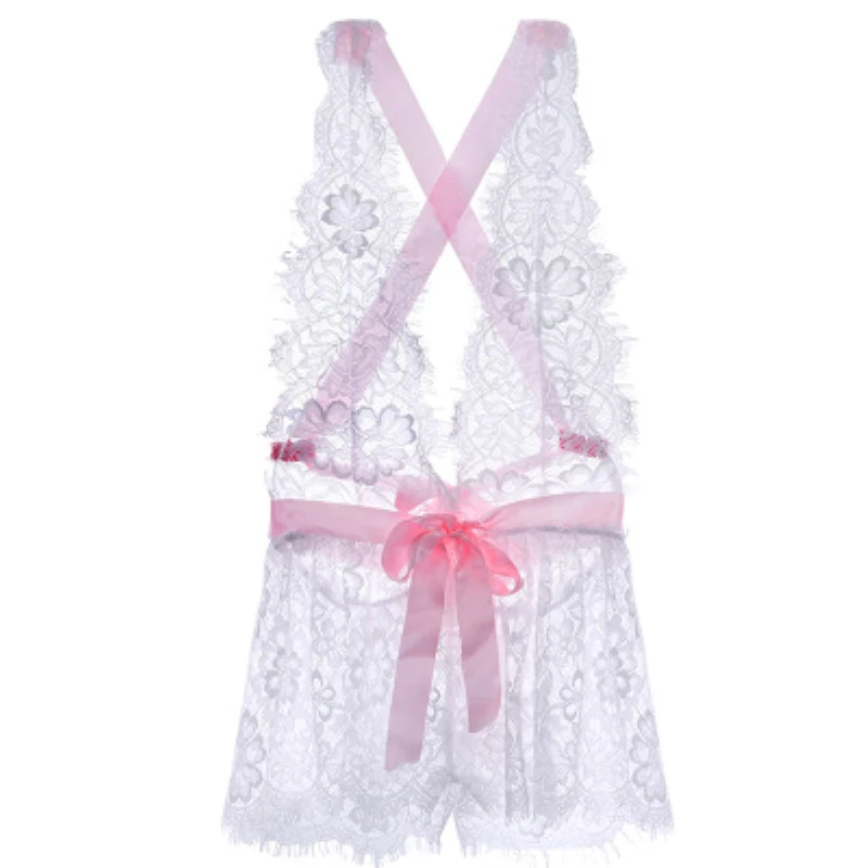 

Women Sexy V-neck Lace Flower Lingerie Nightgown Sleeveless Sleepwear Backless Bowknot Bandage Summer Night Dress Plus Size
