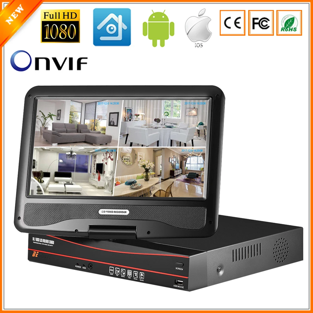 

BESDER All in One Security Video Recorder 48V Active PoE 8CH 4CH CCTV PoE NVR 1080P With 10.1'' LCD Screen Monitor Motion Detect
