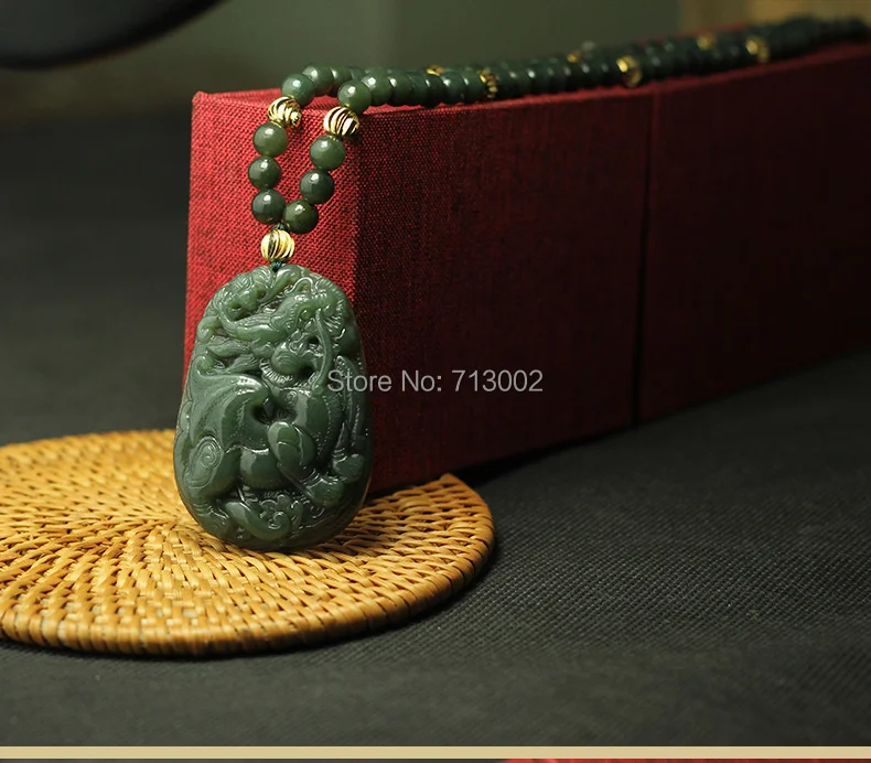 Nature dark green Jade Foo Dog Pendant jadite Amulet Talisman 6mm Jade