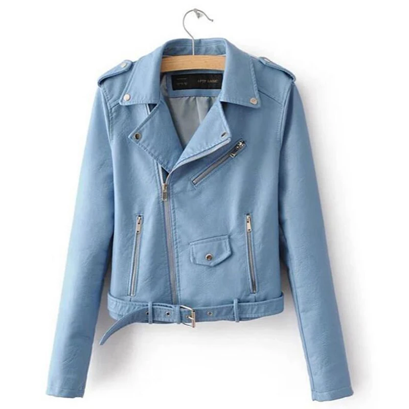 Women Short Motorcycle Jacket Faux PU Leather Solid Color Zipper Pockets Fashion Punk Coat Ladies Casual Outwear Tops Casaco