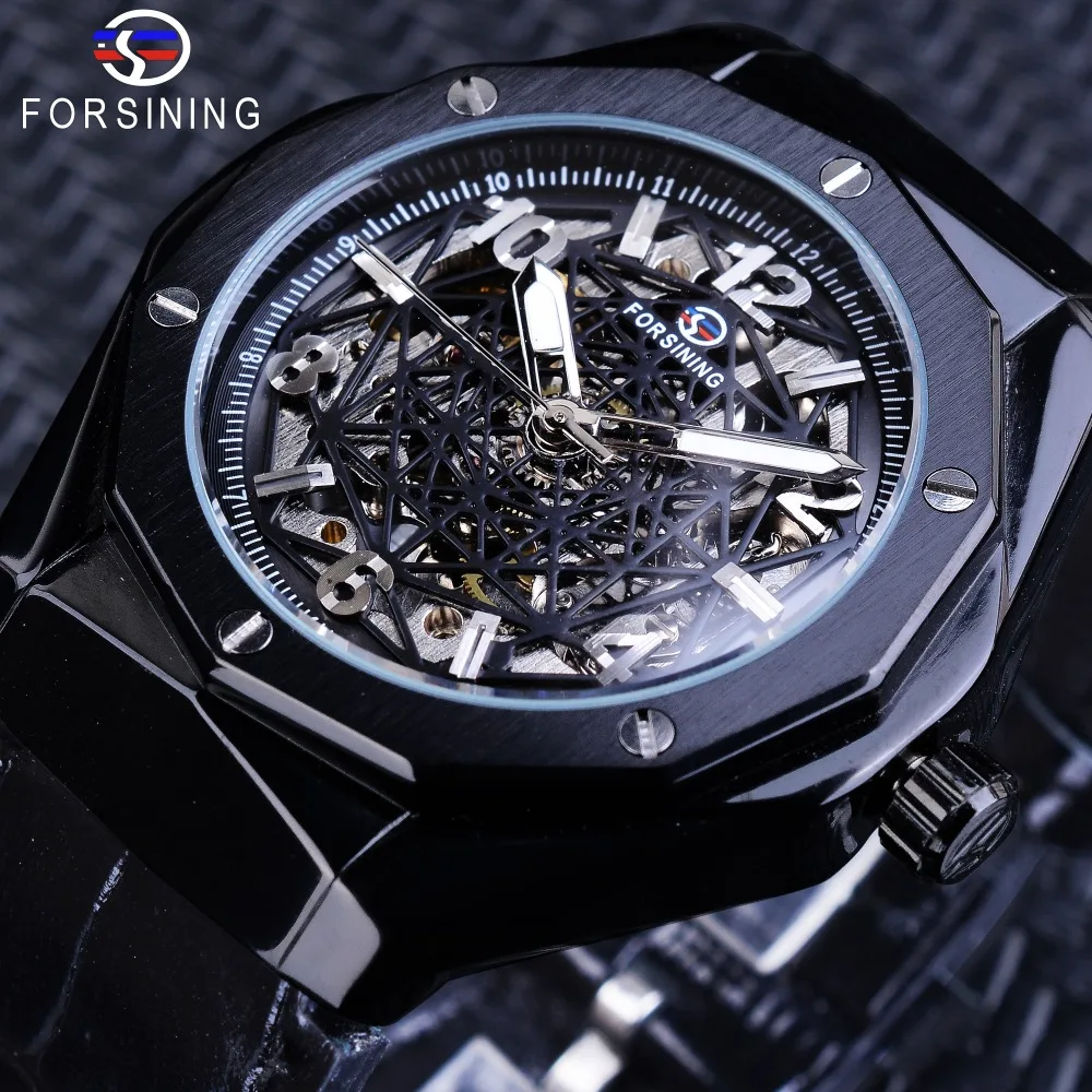 

Forsining Black Leather Irregular Shape 3D Spider Web Dial Men Business Skeleton Automatic Watches Top Brand Luxury Waterproof