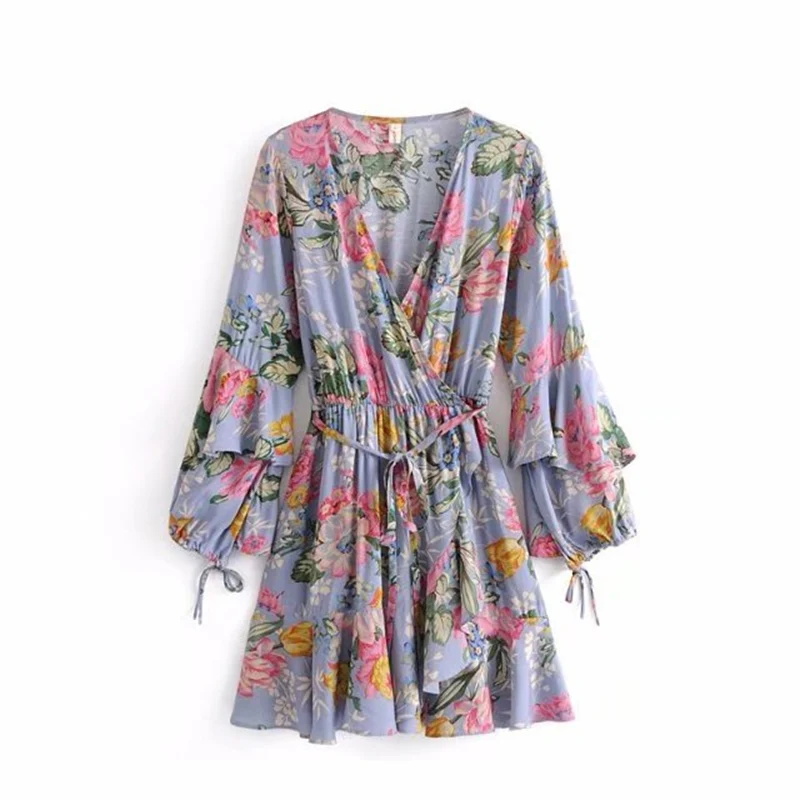 

GYPSY Boho Summer Vintage Floral Print Wrap Mini Dress Fashion Bandage Butterfly Sleeve V Neck Beach Dresses Vestidos Mujer