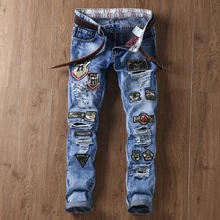 Mens Overalls Jeans Light Blue Brand Vintage designer Casual Hole Ripped Jeans Mens Fashion Denim Pants Silm Fit Male
